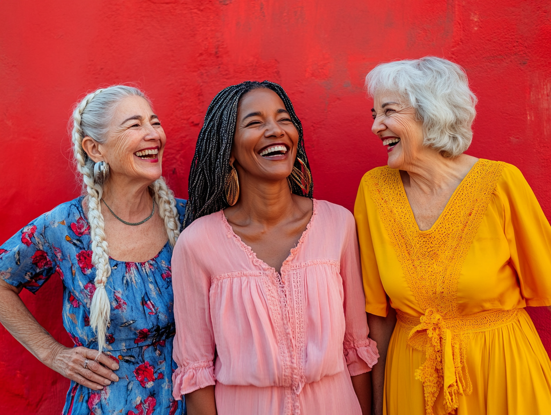 Three diverse women of different ages smiling and laughing together. 
