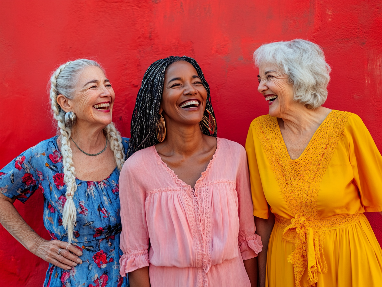 Three diverse women of different ages smiling and laughing together. 
