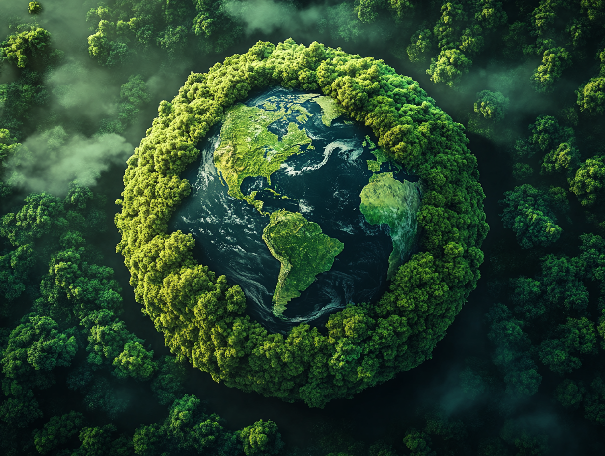 Realistic aerial view of the Earth surrounded by lush green forests, symbolizing environmental protection and sustainability.