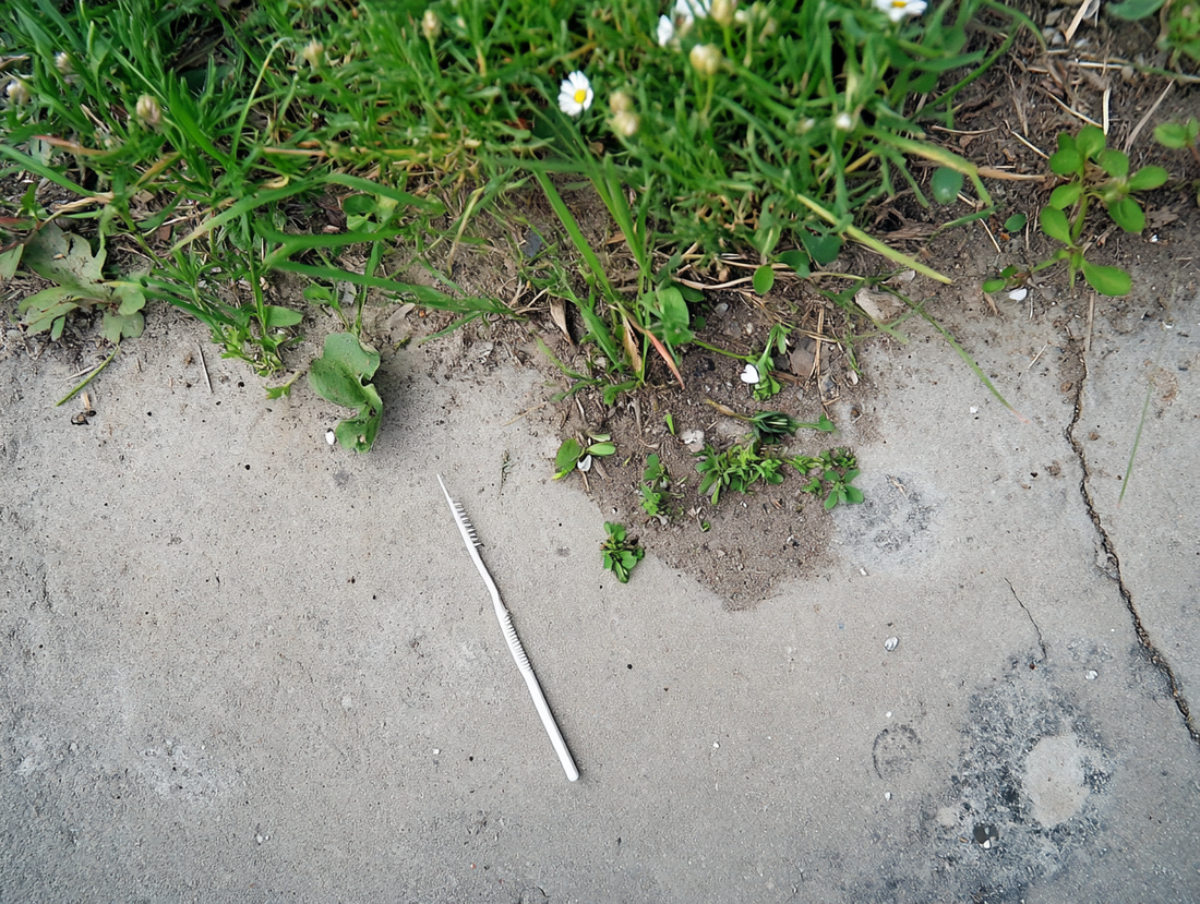 Photo of a plastic floss pick lying on the ground, surrounded by grass and small flowers. 