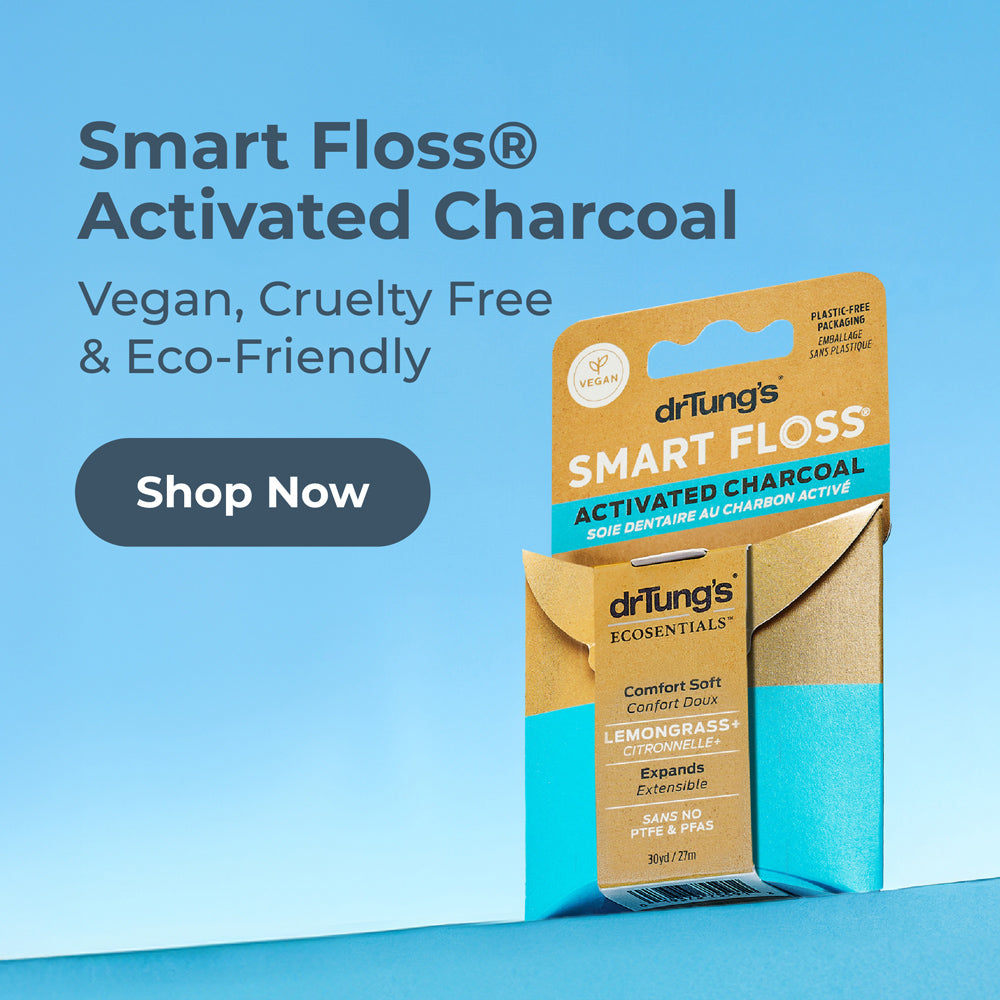 Dr. Tung's Smart Floss Activated Charcoal packaging on a blue background with promotional text.
