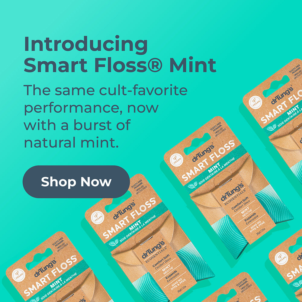 Promotional image of Dr.ungs Smart Floss Mint packages with text on a teal background