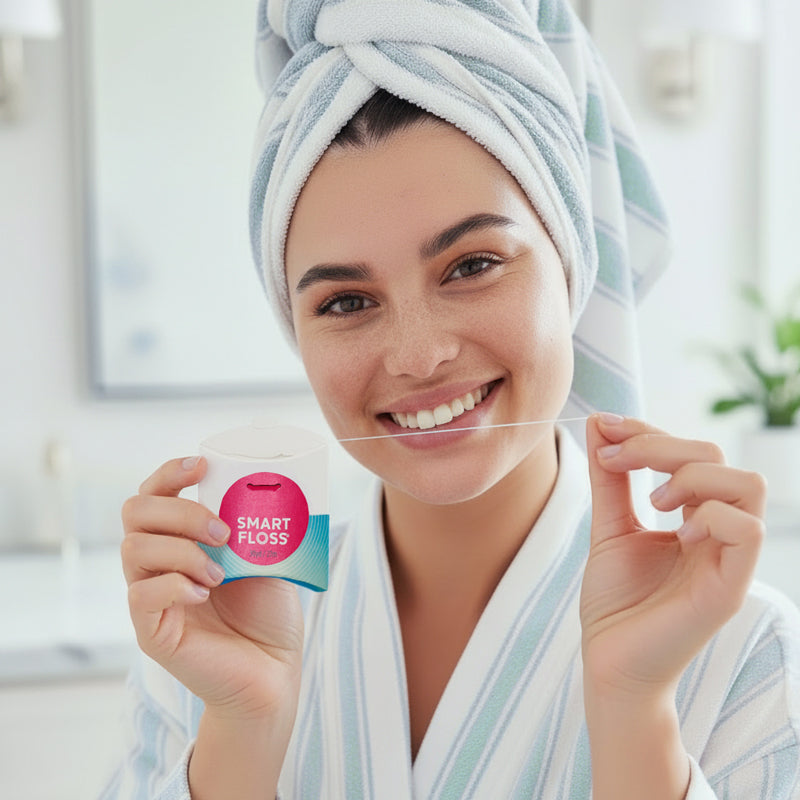 Woman in a bathrobe holding dental floss and a  Smart Floss in a bathroom setting.