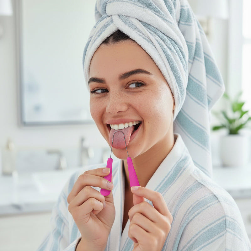 Woman in a bathrobe with a towel on her head, using a pink tongue scraper in a bathroom setting.